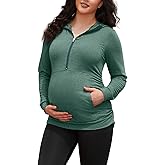 GINKANA Maternity Long Sleeve Hoodie Half Zipper Casual Maternity Tops with Pockets Pregnancy Sweatshirt