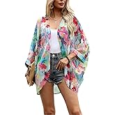 olrain Women's Floral Print Sheer Chiffon 3/4 Bat Sleeve Casual Loose Kimono Cardigan Capes