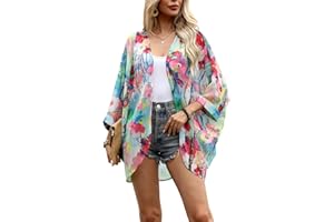 olrain Women's Floral Print Sheer Chiffon 3/4 Bat Sleeve Casual Loose Kimono Cardigan Capes