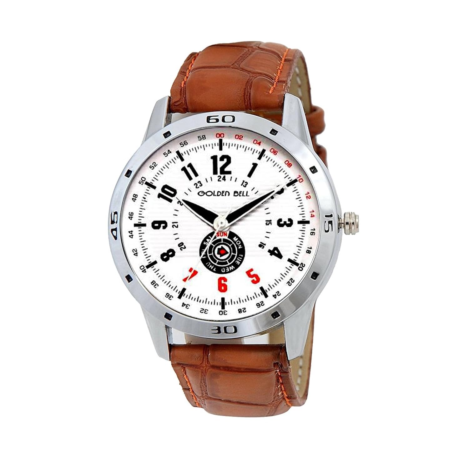 golden bell original white dial brown strap analog wrist watch for men - gb-876