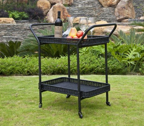 32" Black Resin Wicker Outdoor Patio Garden Serving Cart with Wheels