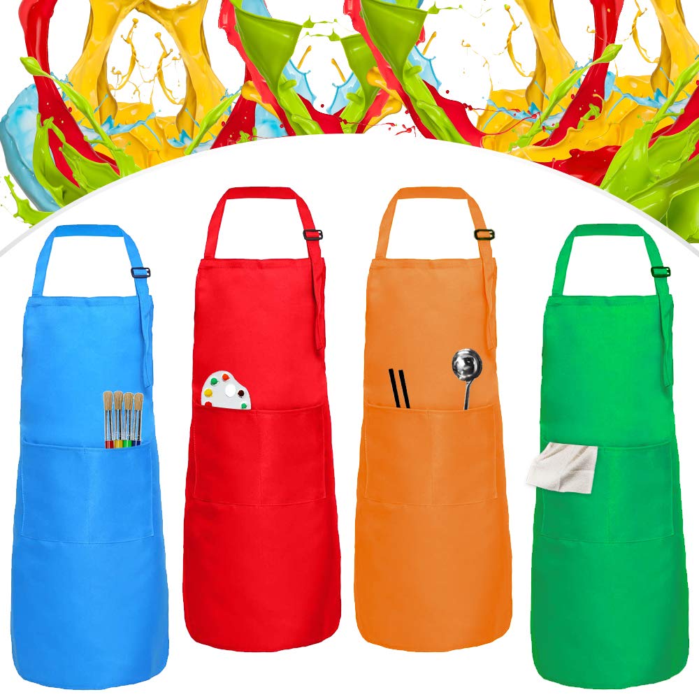 XCOZU 4 Pcs Kids Apron with Pockets, Adjustable Childrens Aprons for Cooking Childs Apron Toddler Kids Painting Apron, Girls Boys Chef Apron Set for Baking Art School(62x46cm, Red/Green/Orange/Blue)
