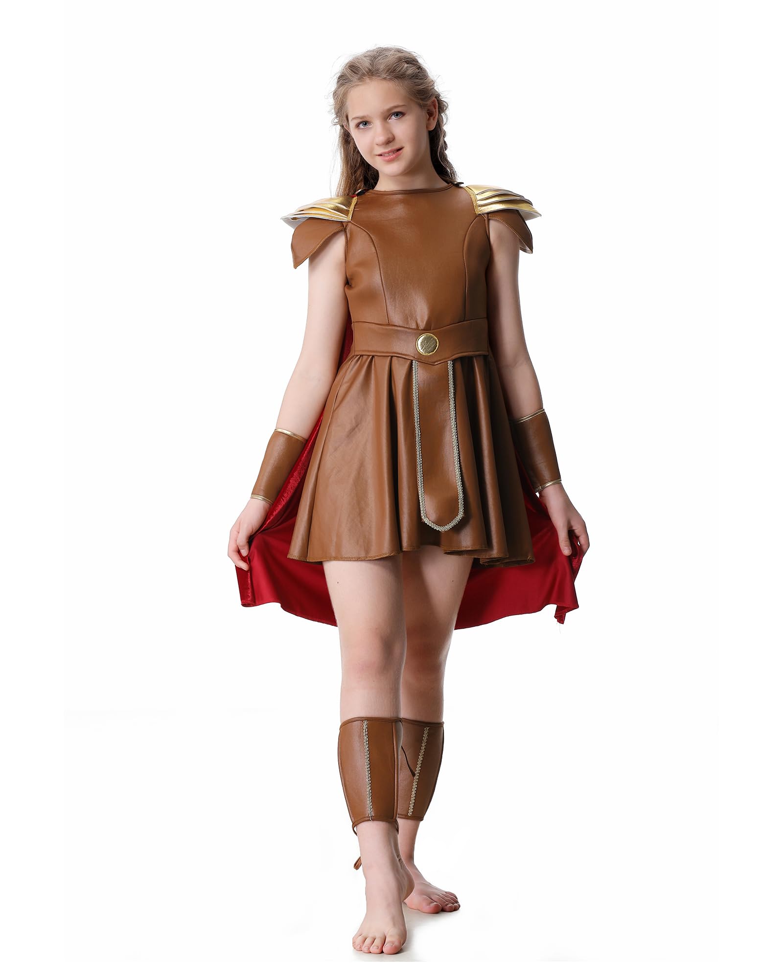 maxToonrain Girls Roman Soldier Costume Kids Warrior Gladiator Outfits for Viking Greek Historical Theme Role Playing Party - Includes Tunic, Armour, Cape, Arm and Leg Guards (Small)
