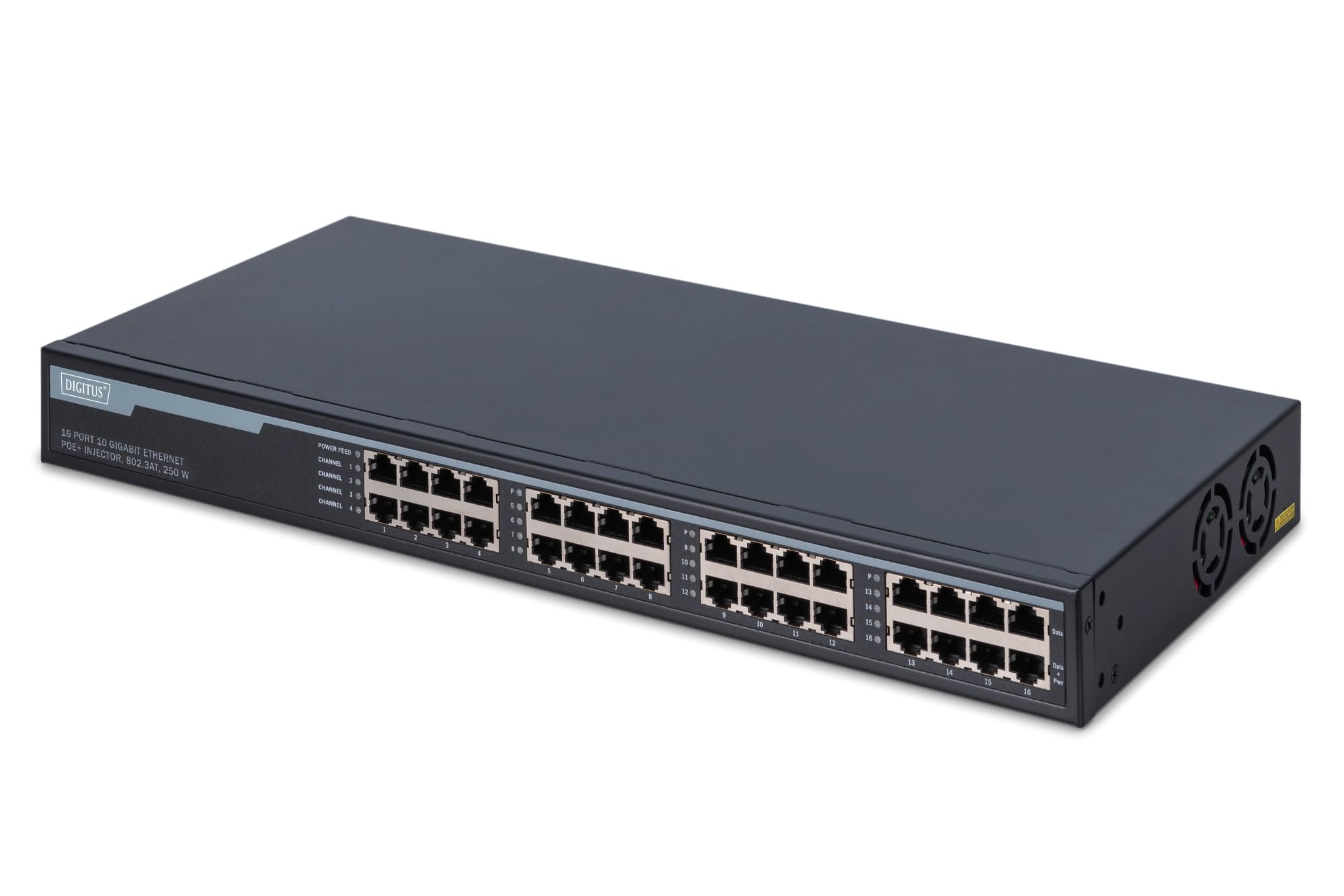 DIGITUS Gigabit Ethernet PoE+ Injector Hub, 802.3at, 10G 16-port, Power Pins:3/6(+), 1/2(-), 250W