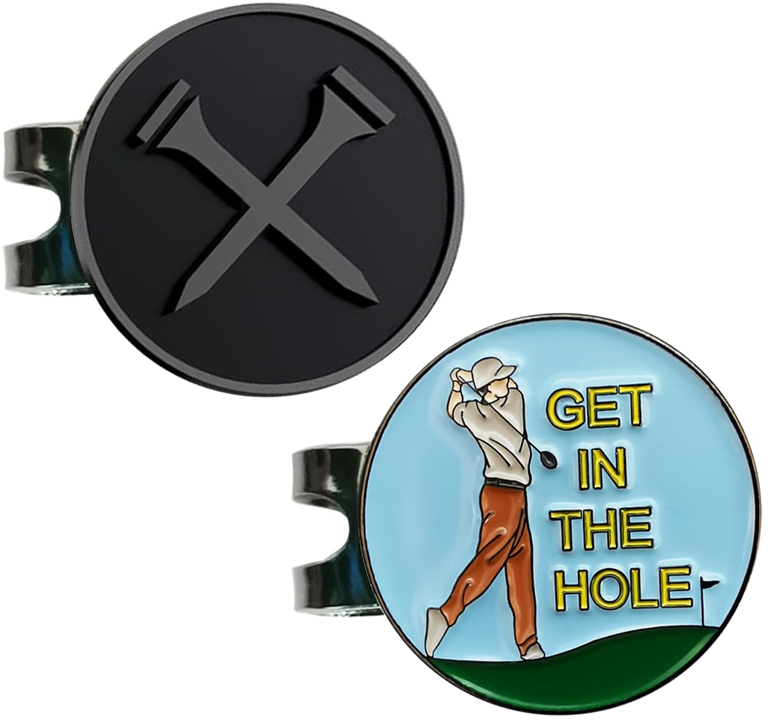 Adhere Golf ball Markers Soft Enamel golf ball markers with strong Magnetic Hat Clip, A Premium Golf Gifts for Golfer (Black Tees + Get In The Hole)