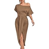 LYANER Women's One Off The Shoulder Ruched Wrap Front Split Hem Draped Party Midi Dress