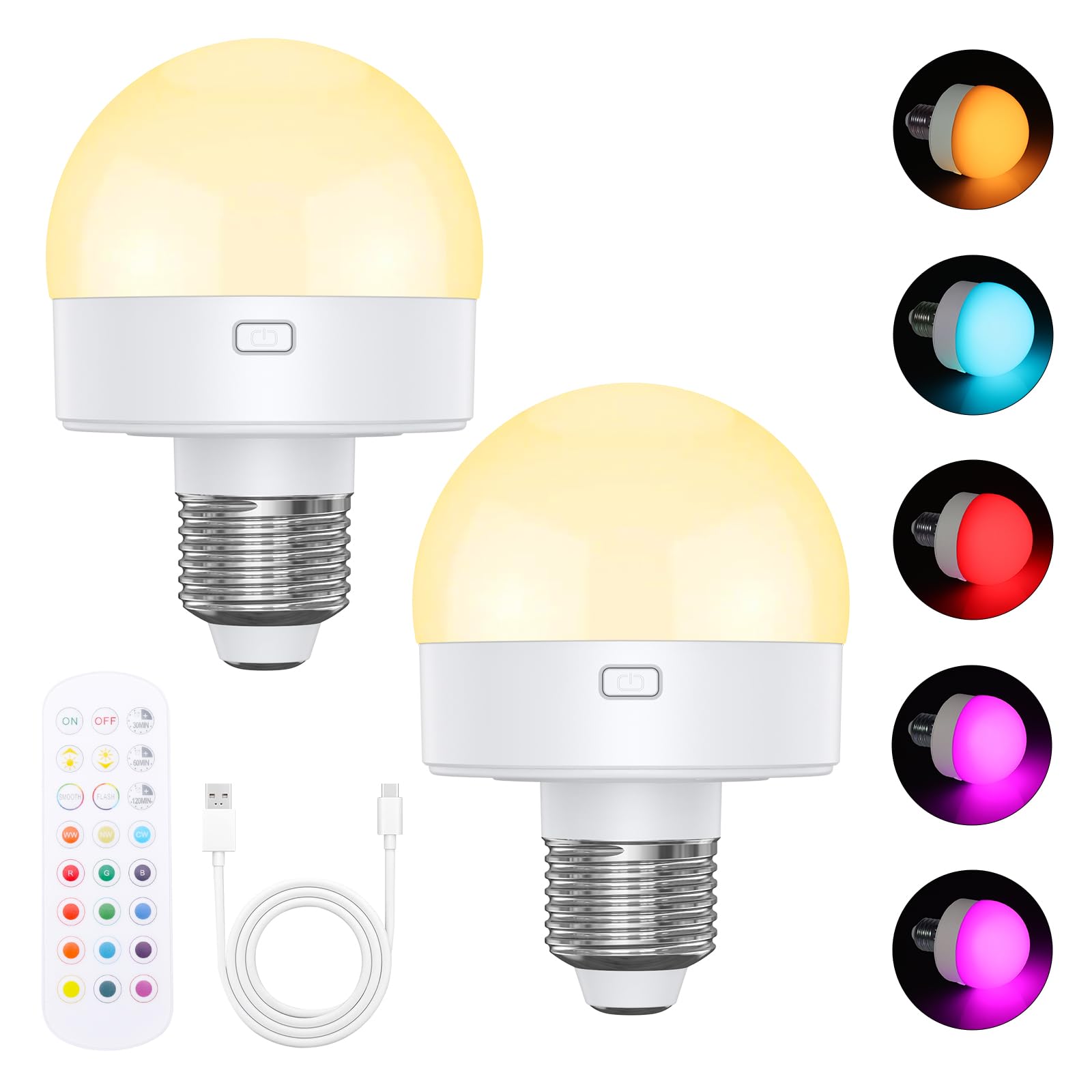 OQIMAX Rechargeable Light Bulb with Remote, E27 Light Bulb with 12 RGB +3 Color Temperature, Dimmable Color Light Bulb, Timer Function, Non-Hardwired, for Wall Sconces, Table Lamp, Chandelier, 2 Pack