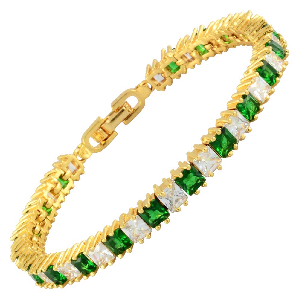 RIZILIA Ice Cubes Tennis Bracelet [18cm/7inch] with Princess Cut Gemstones CZ [Green Emerald] in 18K Yellow Gold Plated, Simple Modern Elegance