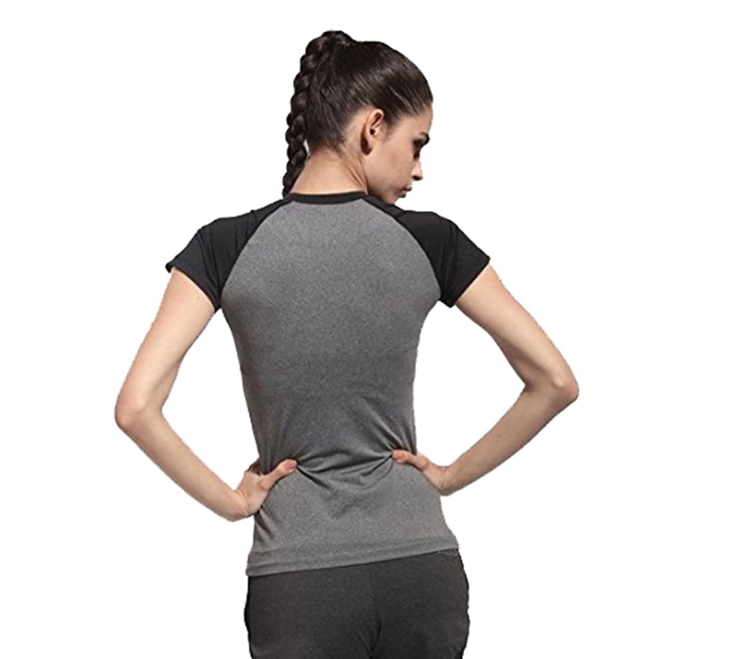 women black and grey stretchable gym yoga activewear sportwear tshirt.premium quality fabric