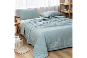 NTCOCO 3 Piece Comforter Set Thin Quilt Summer Lightweight Comforter,100% Washed Cotton,Machine Washable,Soft Comfy Breathable Can Sleep Naked (Sky Blue, King)