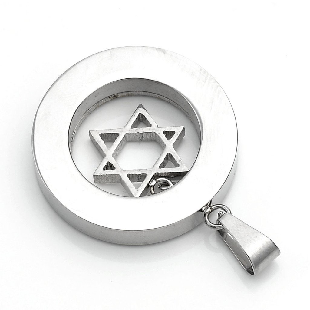 Zysta Collier de Pendentif Star of David/Étoile de David/Hexagramme Rond Juive Talisman Prière Couleur Argent en Acier Inox pour Homme Femme