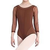 ZYXWVU Women Ballet Dance Leotards with Sheer Mesh 3/4 Long Sleeve - Gymnastics Leotard for Adult
