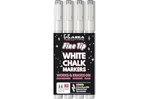 Kassa 4-Pack Fine Tip White Chalk Markers | Includes 2 3mm Reversible Bullet, Chisel Tips | Works on Chalkboard, Blackboard, Windows & Mirrors | Erasable & Dust-Free | Ideal Use at Home, School & More