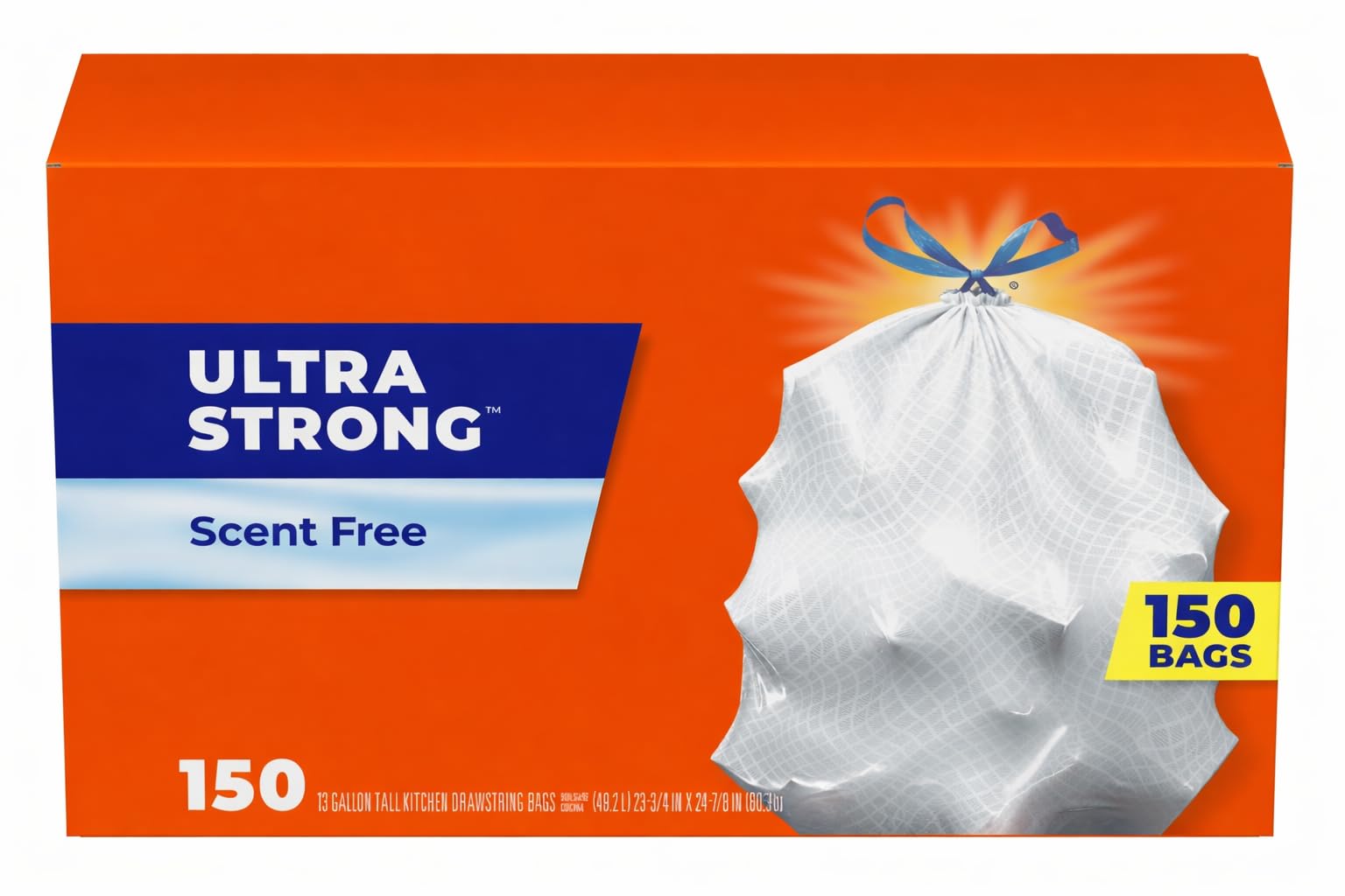Ultra Strong Scent Free Tall Kitchen Drawstring Trash Bags, 13 Gallon, 150 Count