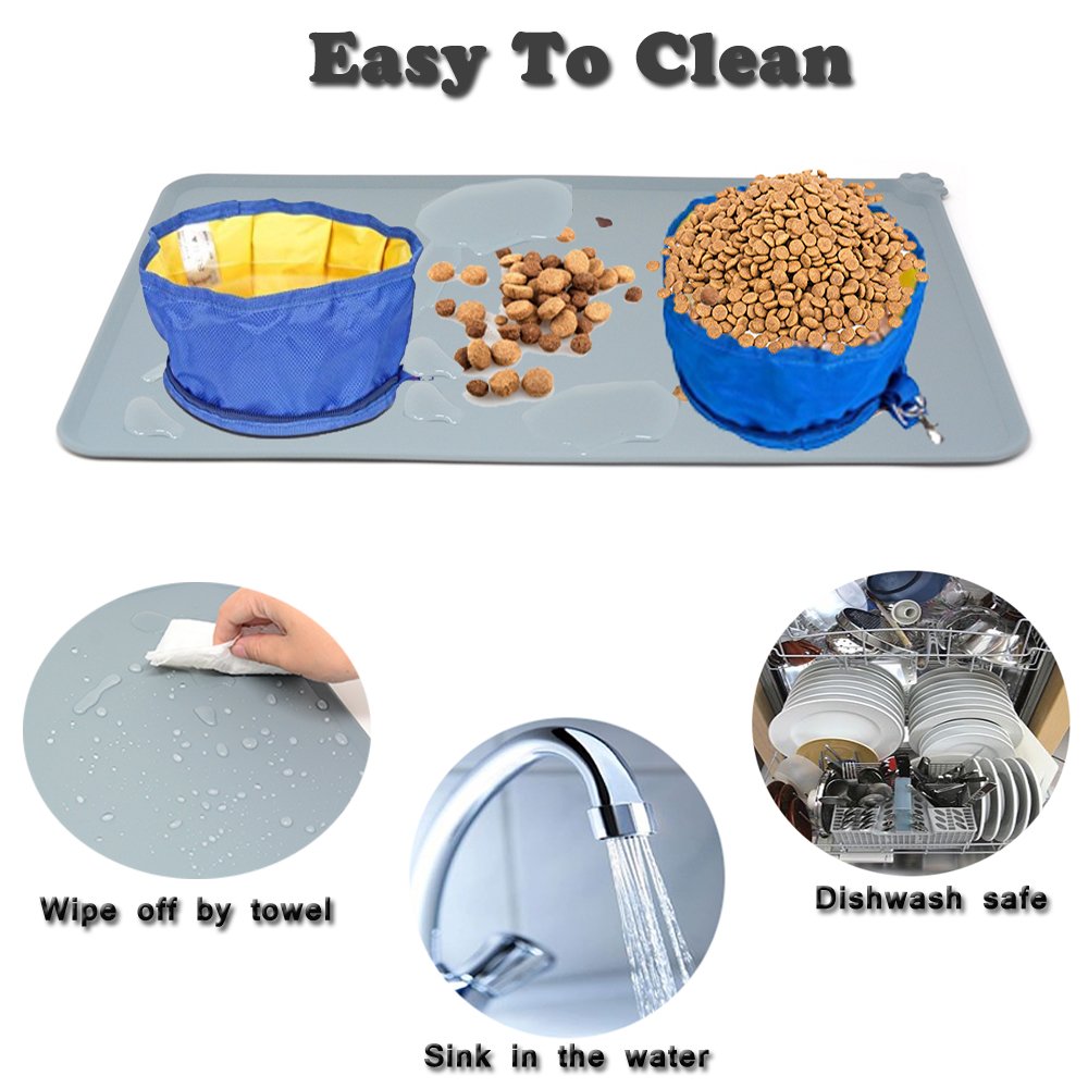 Santune Dog Food Mat Silicone Dog Cat Feeding Bowl Mats Waterproof Non-slip Raised Edge Pet Food Tray Placemat for Small to Large Breeds,18.7\