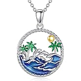 JERWLI Dolphin Necklace 925 Sterling Silver Dolphin Palm Tree Pendant Ocean Jewelry Gifts for Women