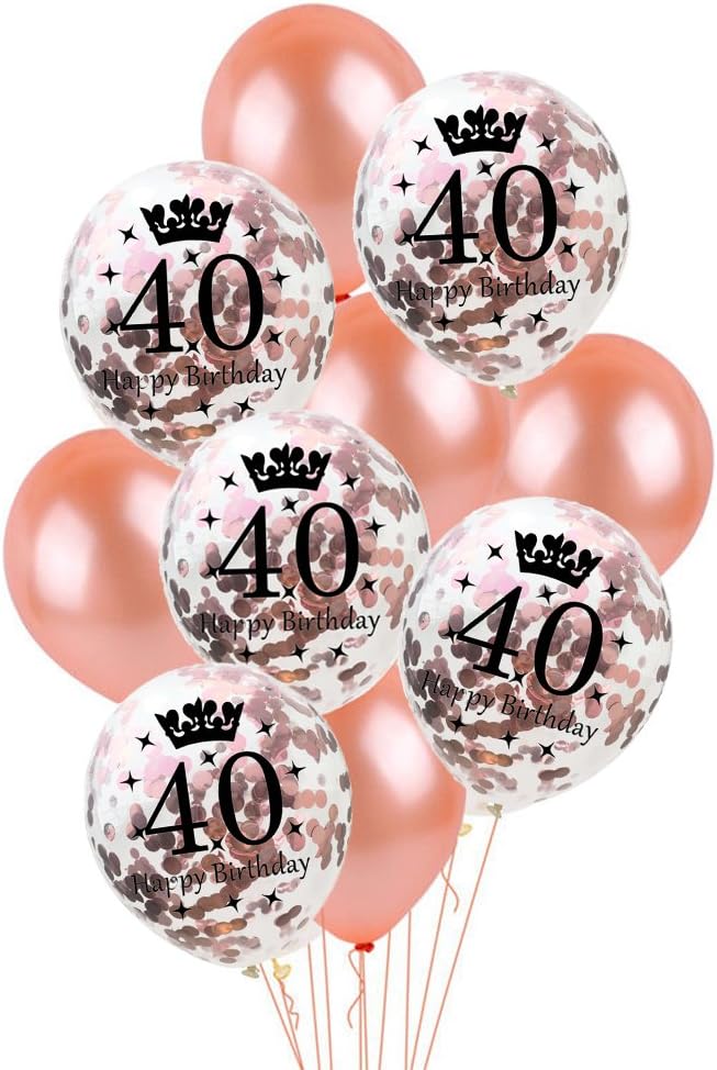 Rzctukltd 10pcs 12" Happy Birthday Age 1/18/16/21/30/40/50/60 Latex Confetti Balloon Set Party Decor (Age 40th, Rose Gold)