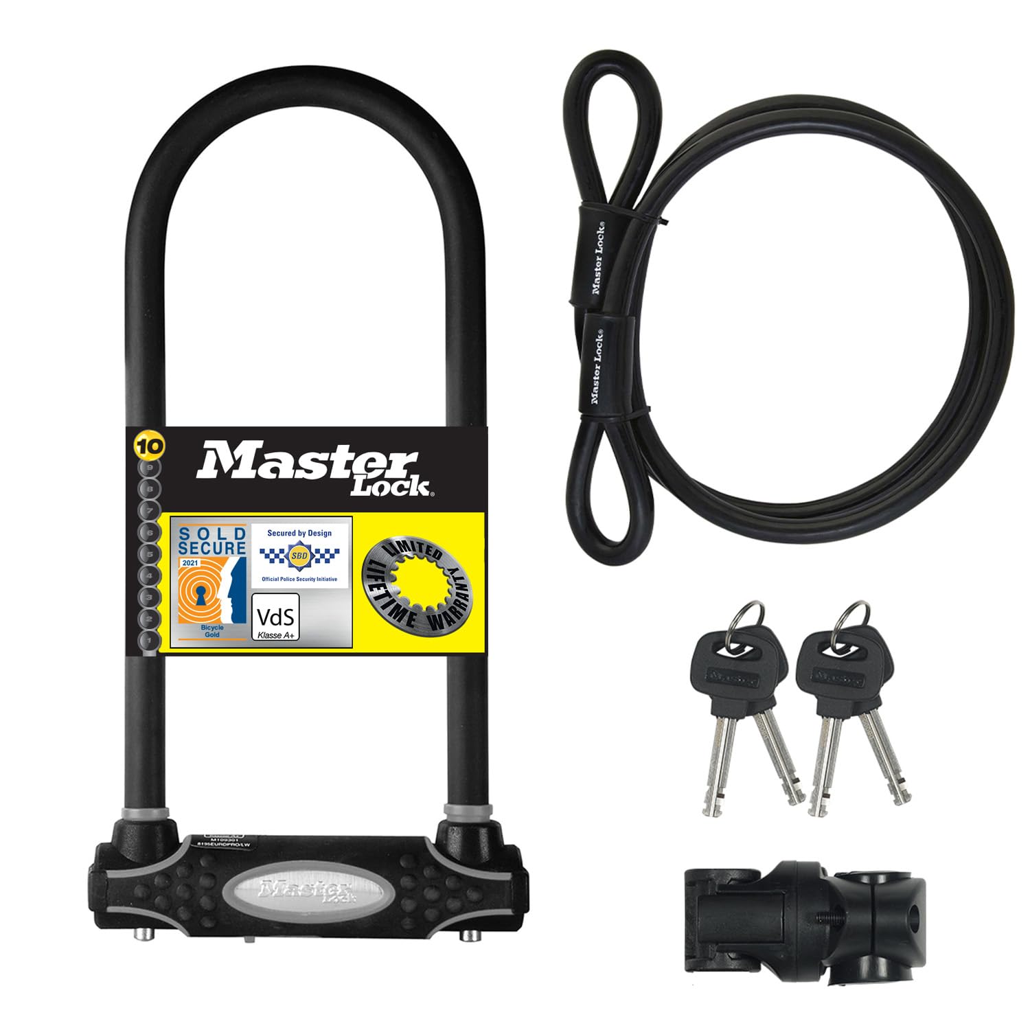 Master Lock Heavy Duty Bike D Lock with Cable, Key, Universal Mounting Bracket, Certified Bike Lock - Police Approved, Long Shackle 8285EURDPRO - Use with Electric, Mountain, Road, Folding Bikes