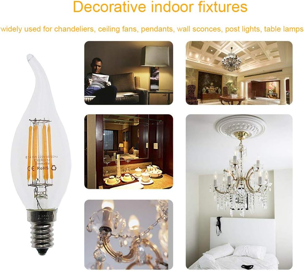 HUAMu E14 6W Dimmable LED Filament Candle Light Bulb, 60W Incandescent Replacement, 2700K Warm White, 600LM - Image 4