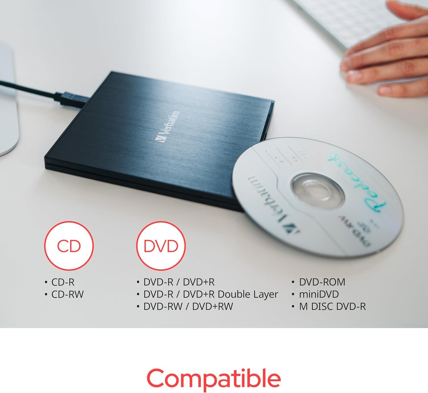 Verbatim Slimline CD / DVD Drive - External USB 2.0 CD DVD +/-RW Burner for Laptops and Notebooks with M-DISC Support - Mac & PC Compatible - Nero Burn & Archive Software Included - Black