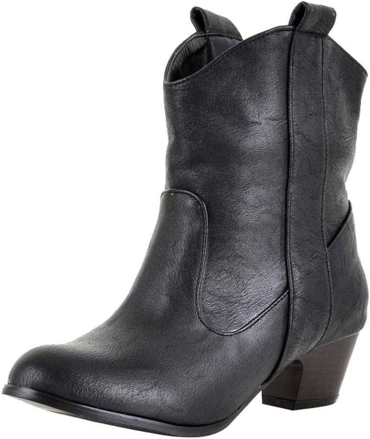 HLHN Women Mid-Calf Boots Leather Block Mid Heel Martin Shoes Vintage Casual Classic Winter