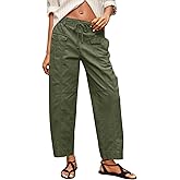 Fisoew Womens 100% Cotton Cargo Pants Drawstring Elastic Waist Casual Hiking Work Pants with Multiple Pockets
