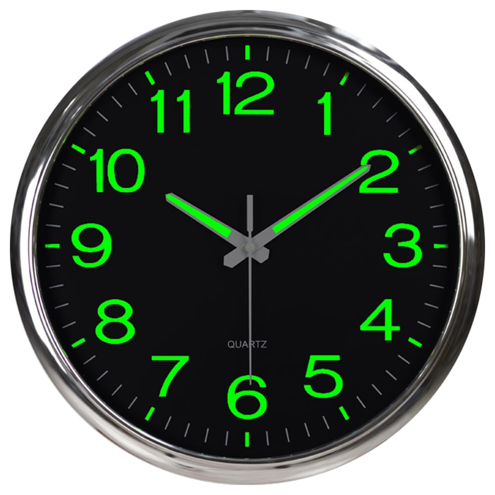 Luminous Wall Clock, 30cm/12'' Glow in the Dark Silent Non Ticking Night Lights Wall Clocks for Home Living Room Bedrooms Office Kitchen School (Silver)