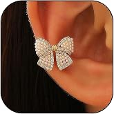 Gold Bow Ear Cuff Earrings for Women Vintage Pearl Bowknot Clip on Earrings Non Piercing Cartilage Bows Earrings Trendy Christmas Earrings