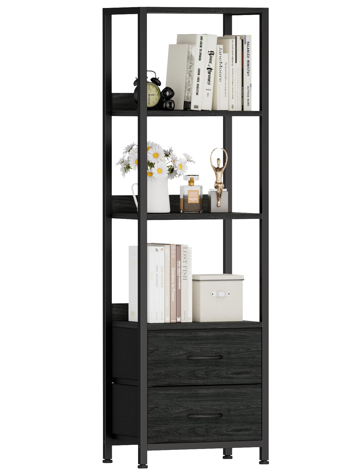 Photo 1 of Furnulem 4-Tier Corner Shelf, Bookshelf with 2 Storage Drawers, 57.28”Tall Narrow Bookcase, Standing Shelf Organizer Unit for Living Room, Bedroom, Metal Frame, Wood Display Shelf