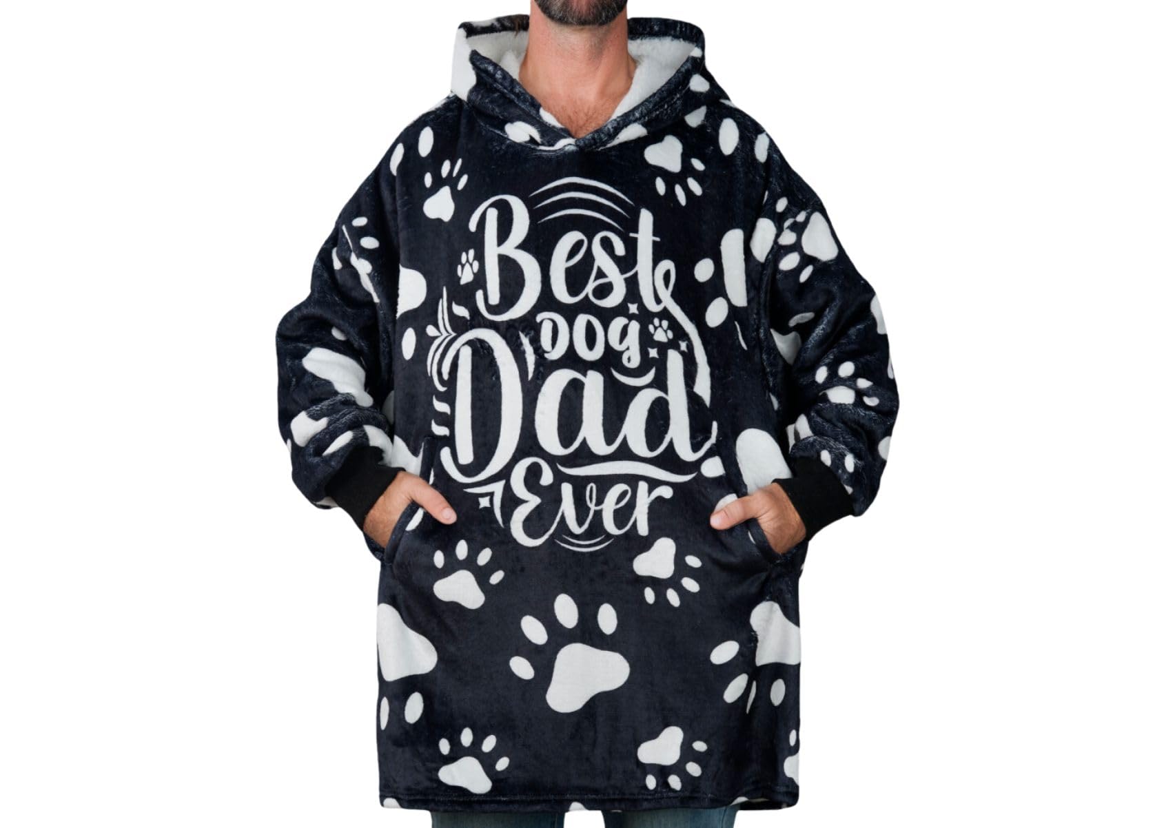 Dog Dad Gifts for Men, Best Dog Dad Ever, Wearable Blanket Hoodie for Adults, Oversized Flannel Hooded Blanket Big Sweatshirt, One Size 170x122 CM, Black
