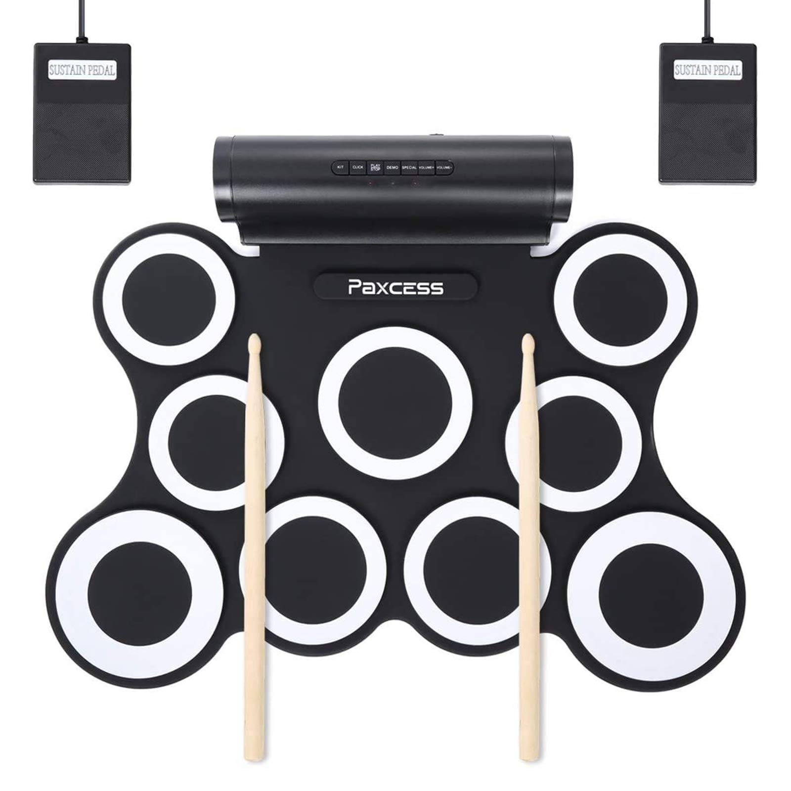 PAXCESS 9 Pads Electronic Drum Set, Electric Drum Set with Headphone Jack, Built in Speaker and Battery, Drum Stick, Foot Pedals, Best Gift for Christmas Holiday Birthday