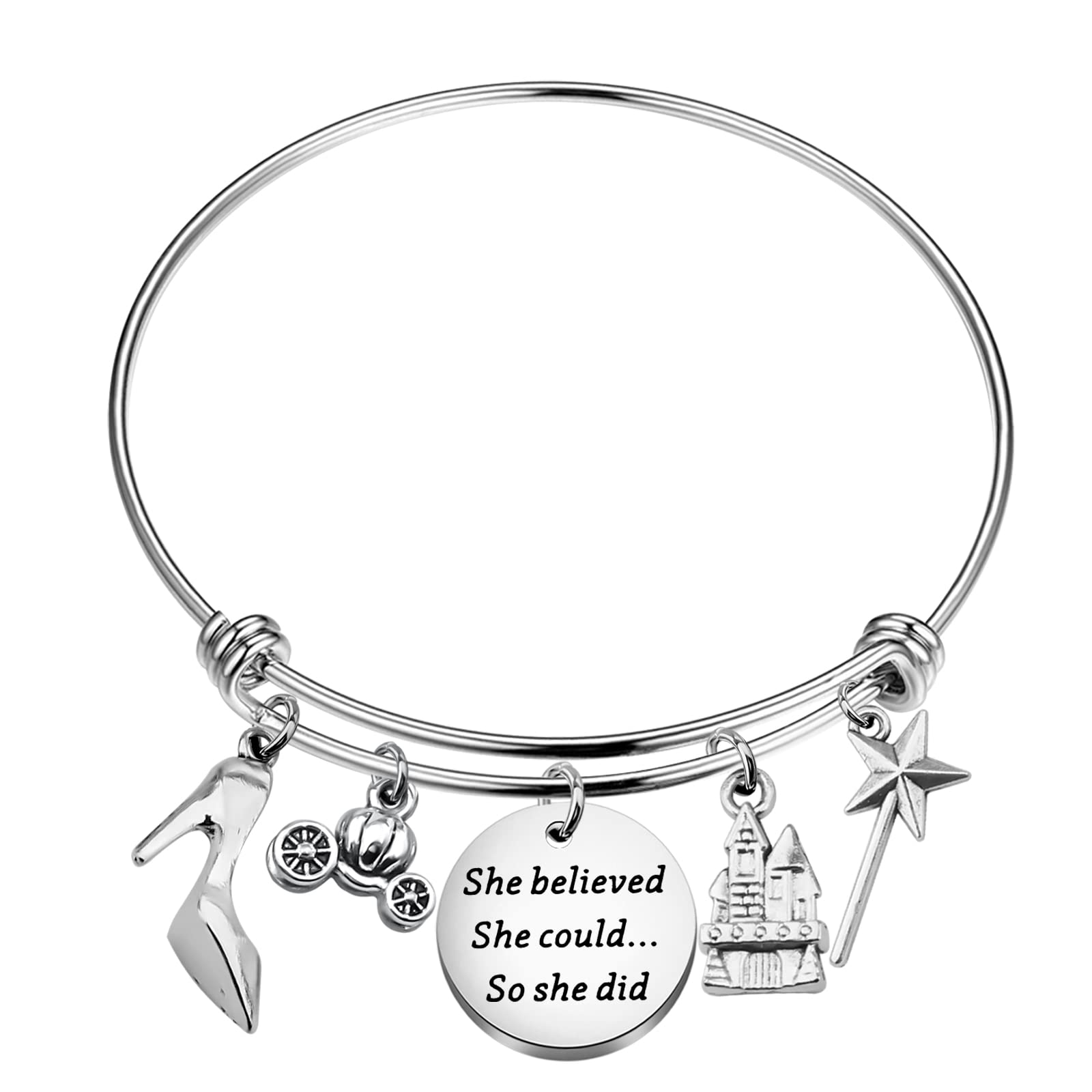 NA- She Believed She Could So She Did Inspired Gift Fairy Tale Fans Gift Princess Stainless Steel Adjustable Bracelet Gift Friend Inspirational Jewelry (She believed Cind bg)
