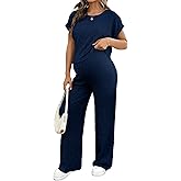 BLENCOT Maternity Clothes Ribbed Short Sleeve Maternity Pajamas Sets Sleepwear Lounge 2 Piece Matching Outfits Set