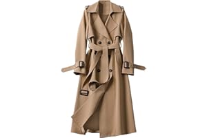 SOMTHRON Women's Double Breasted Long Trench Coat Belted Notch Lapel Overcoat Windproof Classic Outerwear