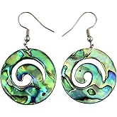 Swimmi Round Iridescent Handcarved Spiral Wave Paua Abalone Shell Earrings for Women, Handmade Dangle Drop Seashell Abalone Earrings Fashion Jewelry CA488-A