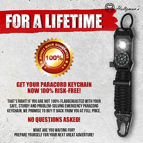 Men's Keychain | 11-in-1 LED Carabiner Lanyard Key Chain Fires Starter for Camping, Fishing, Hunting & Outdoor Emergencies Multipurpose Survival Tool Emergency Whistle, Flint Rod, Cutting Tool