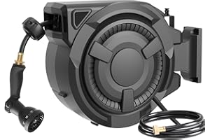 WIKIWIKI Retractable Garden Hose Reel 1/2 in x 100 ft, Heavy Duty Wall Mounted Hose Reel with 10- Function Sprayer Nozzle, Any Length Lock/Automatic Slow Return System/180°Swivel Bracket/UV Resistant (Black)