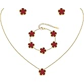 Gold Necklaces Bracelets Earring Set - 18K Gold Plated Flower Bracelet Chain,Stainless Steel Non Tarnish Floral Pendant Stud Jewelry Sets,Christmas Birthday Lucky Gift for Mom Wife Daughter Girlfriend