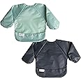 Tiny Twinkle Mess Proof Baby Bibs, 2pk Waterproof Smock Baby Bibs for Eating, Machine Washable Long Sleeve Bibs, Baby Led Weaning, Toddler Bibs, BLW Supplies (Sage Charcoal, Small 6-24 Months)