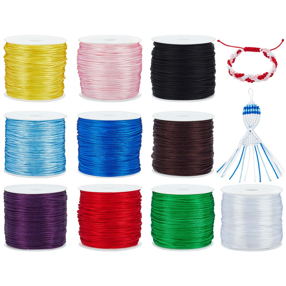 PH PandaHall 10 Colors Nylon Thread 1mm Bracelet String Drawstring Cord Rattail Satin Beading Thread for DIY Drawstring Bag Cord Clothing Embellishment Beading Knotting Jewellery Making, 30m/Colour