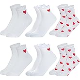 phnydreg 6 Pairs Heart Pattern Ankle Socks Red Heart Ruffle Quarter Socks for Women Girls