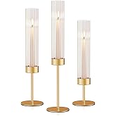 AZXTOPSEZ Gold Hurricane Candle Holders: Fluted Tall Candlestick Holders for Wedding Brass Taper Candle Holder Modern Candle Sticks Holder Decor for Table Centerpiece Christmas Party Home Set of 3