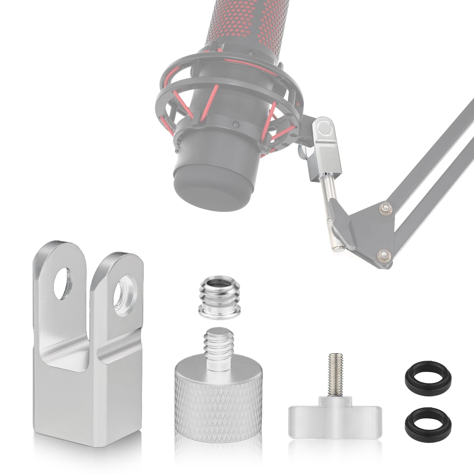 Microphone Mount Adapter for Hyperx Quadcast with 3/8" or 1/4" Screw Adapter, Works with HyperX QuadCast Microphone Stand & Boom Arm Durable Replacement Accessory for Microphone (Silver)