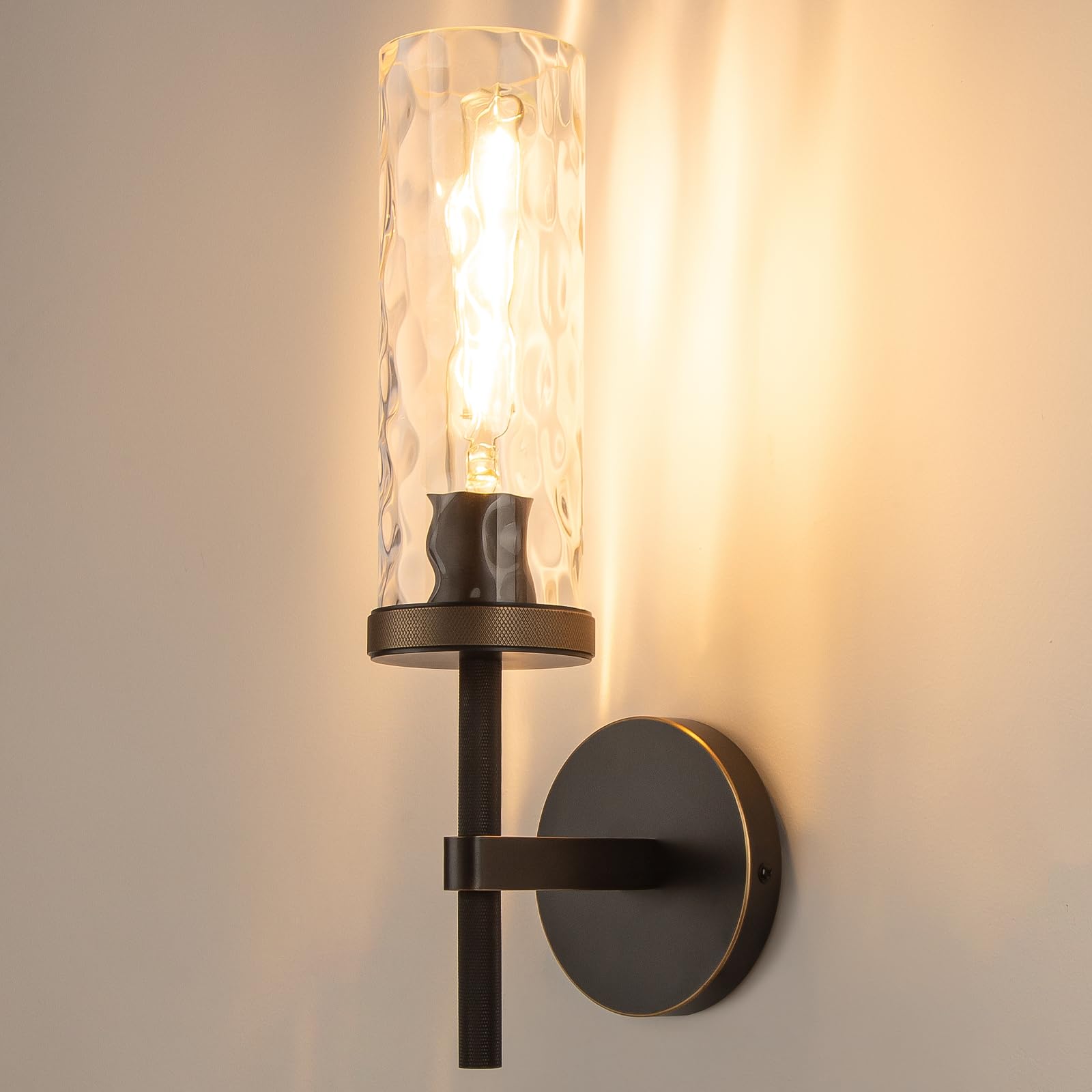 Photo 1 of 15" Knurled Brass Wall Sconce with Water Ripples Glass Tube, Black Gold Bathroom Vanity Light Fixtures, Modern Lamp Lighting for Bedroom, Living Room, Hallway, Staircase, Mirror, Kitchen