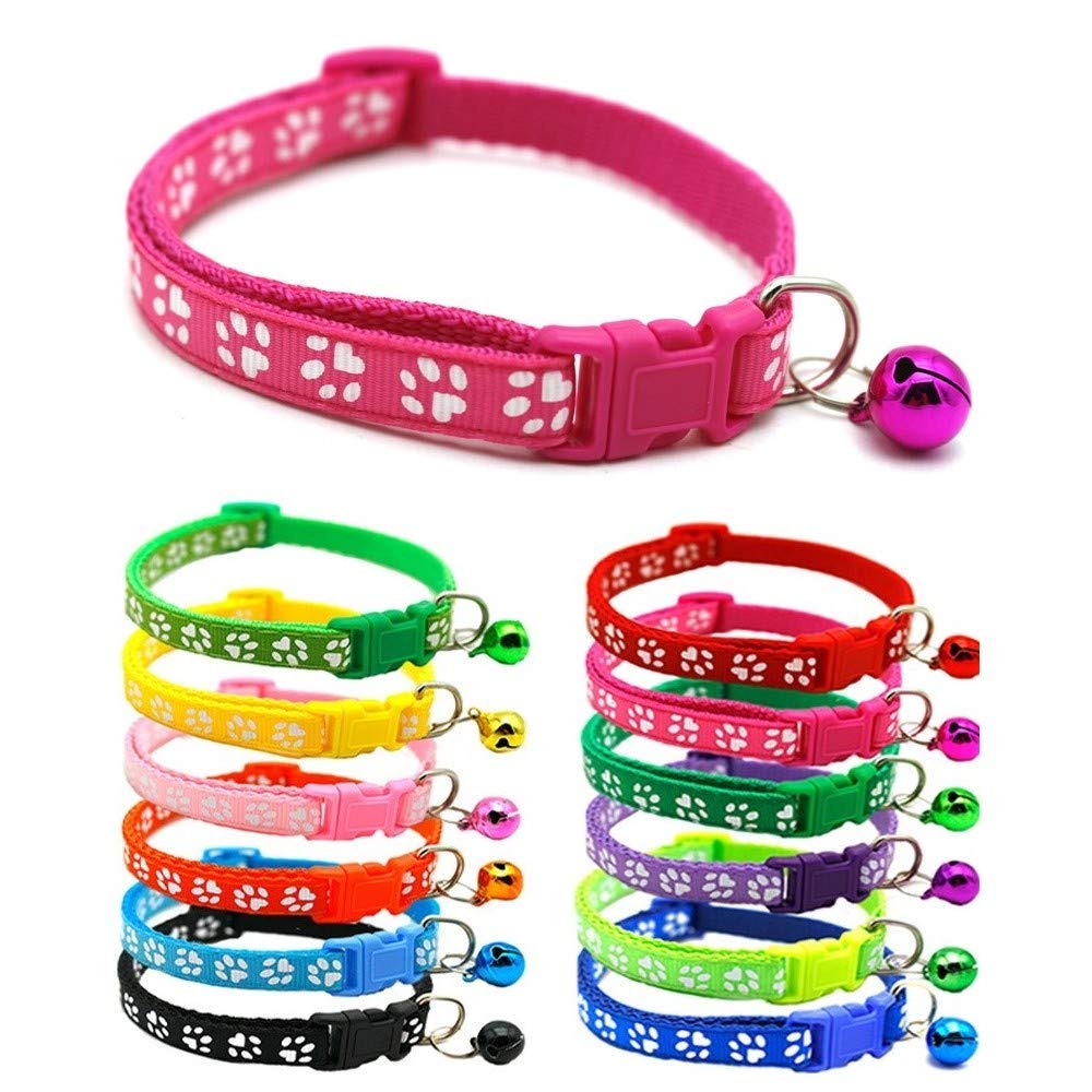 Small Dog Puppy Pet Collar Pawprint Design with Bell Nylon Adjustable Size 19-32cm Pink Magenta Rose — image 1