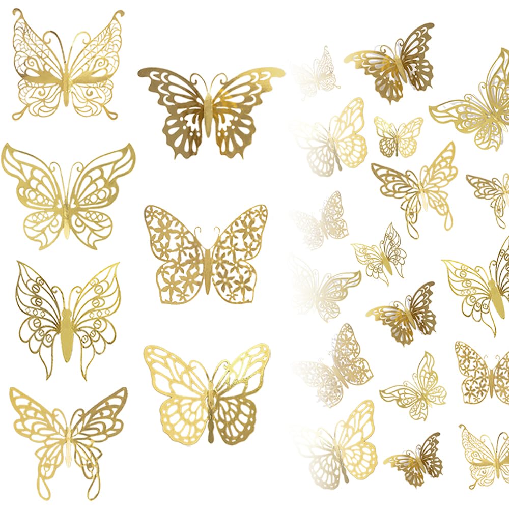 TRKETK 84 Pcs 3D Gold Butterfly Wall Decor, 7 Styles 3 Sizes Wall Decals Cake Decorations Removable Gold Wall Stickers for Home Room Wedding Festival Decor DIY Gift