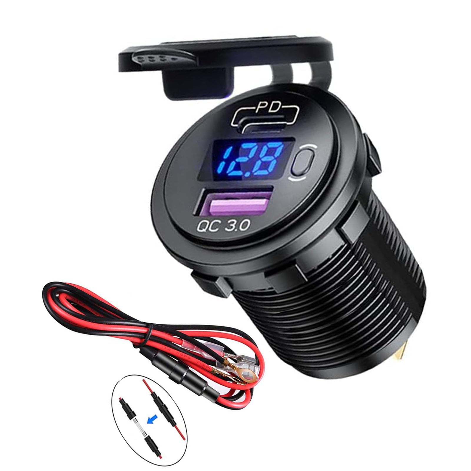 USB Car Socket Car Quick Charge Charger QC3.0+ PD3.0 Charging Ports with Switch for 12 V/24 V Vehicles Car Boat Motorcycle SUV Bus Truck Caravan Marine (QC3.0 + PD+ Switch with Voltmeter)