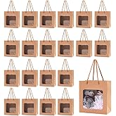 BENECREAT 50pcs Gift Bags with Transparent Window, Kraft Paper Shopping Bags with Handle for Birthday Wedding Party Florist Packing, 5.5x2.8x5.8