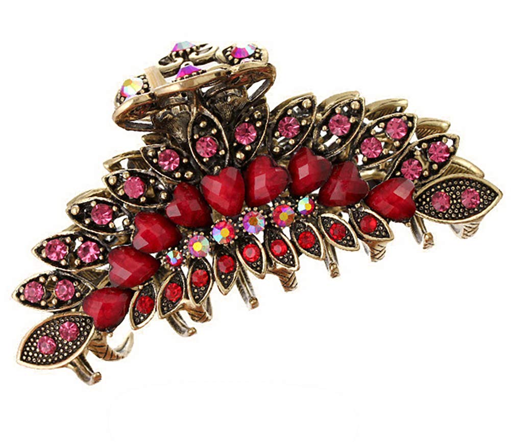 Fodattm Girls Women Lady Retro Flowers Hair Claw Clip Vintage Alloy Rhinestone Non-Slip Hair Jaw Clips Hairpin Large Hair Updo Grip Bath Accessories for Thick Hair Fancy Hair Clamp (Red)