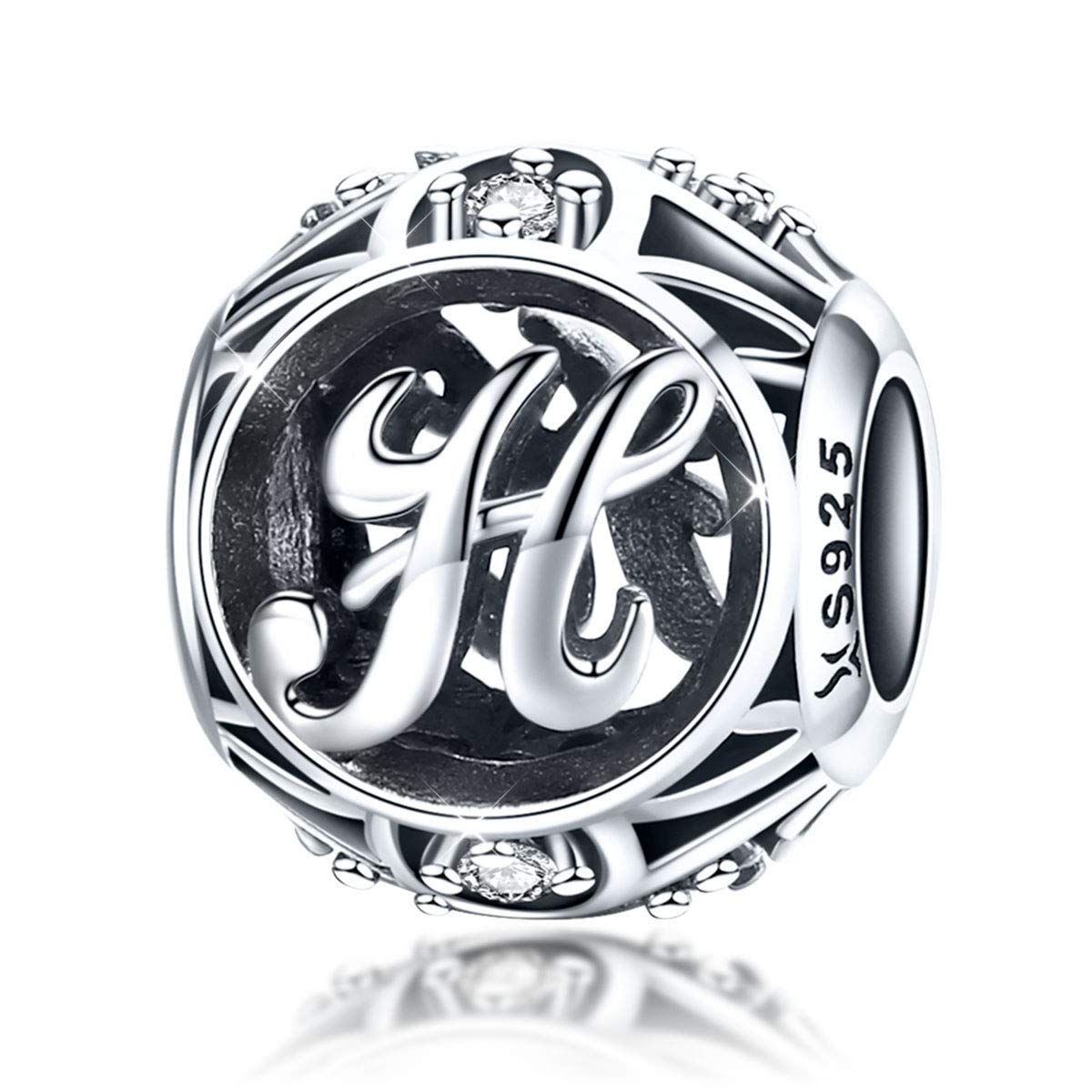 Alphabet 925 Sterling Silver Vintage Initial H Charms, Clear CZ Alphabet Letter Beads Fit Charms Bracelets Bangle